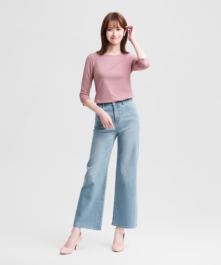 棉質羅紋圓領七分袖T恤-女