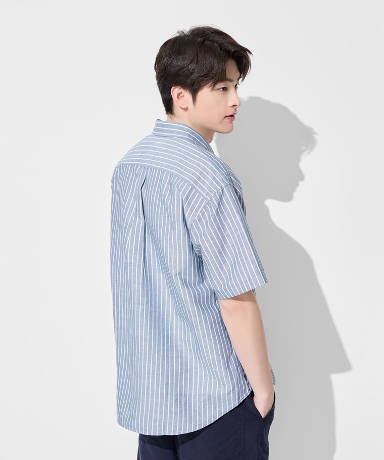 棉麻寬版條紋短袖襯衫-男