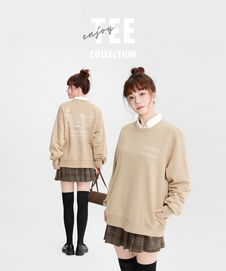 漫步時光刷毛寬長版口袋印花圓領衫-女