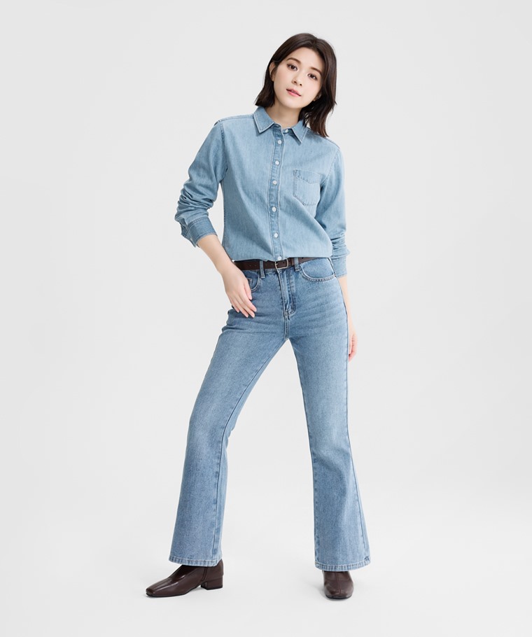 牛仔長袖襯衫-女 - 100%純棉素材，親膚舒適。