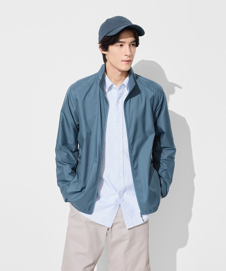 春夏男裝新品：男 · 抗UV輕型立領風衣外套,男 · 卡其短褲,男 · 牛津條紋長袖襯衫