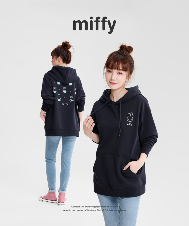 Miffy毛圈寬長版印花連帽衫-09-女