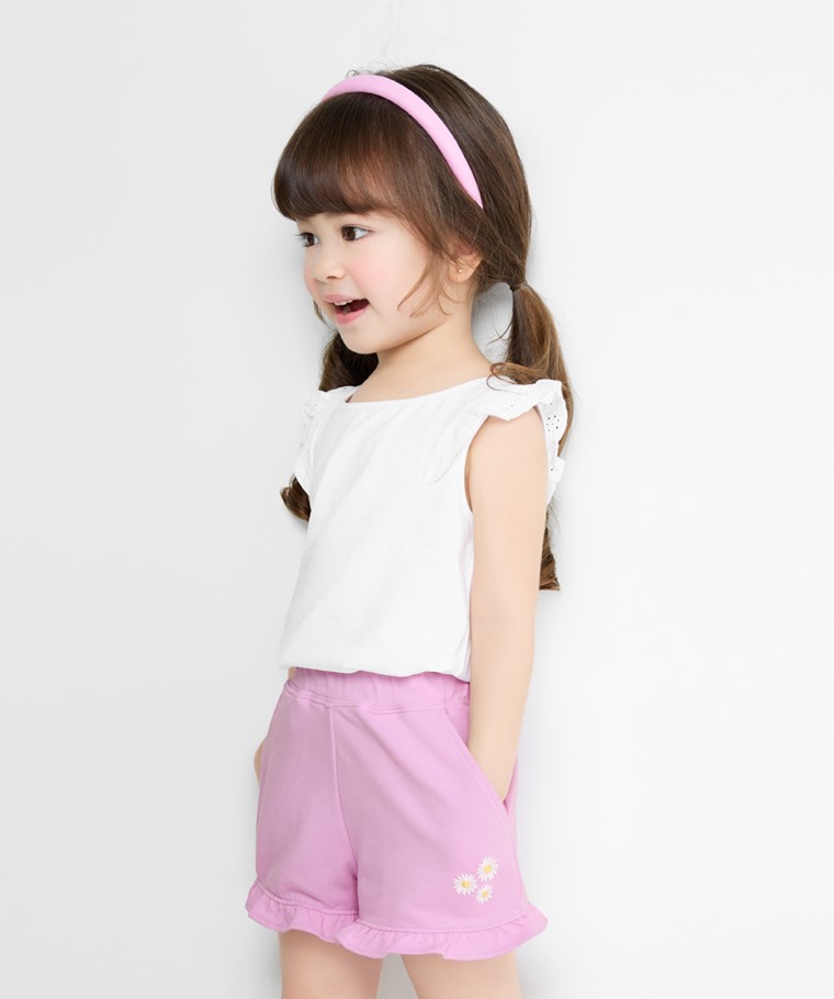 荷葉邊小花電繡鬆緊短褲-童