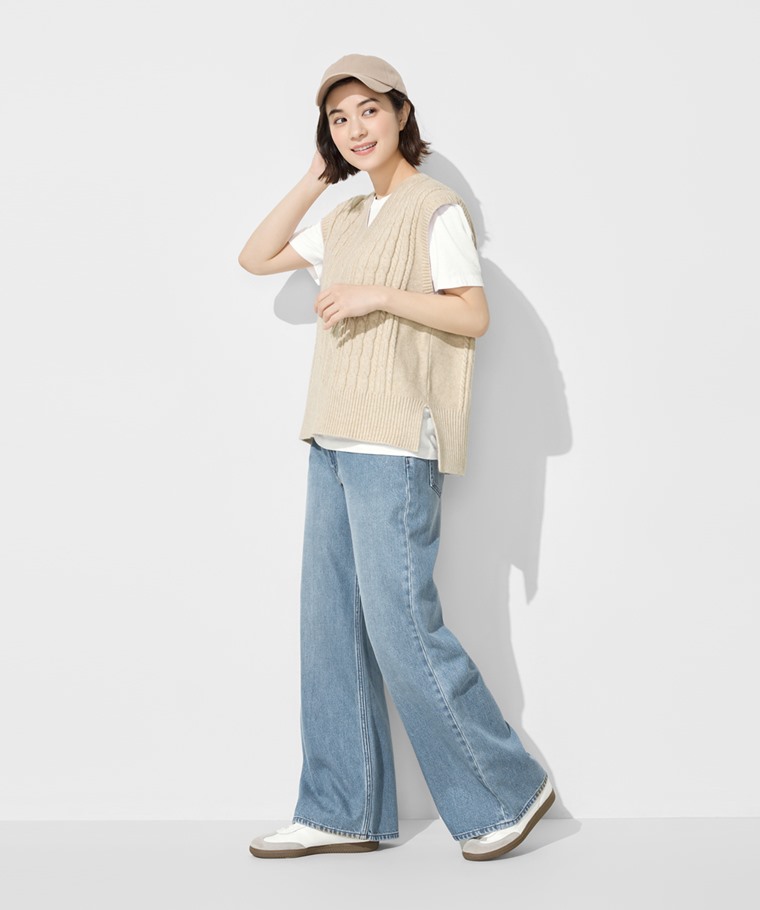 麻花寬版落肩V領針織背心-女