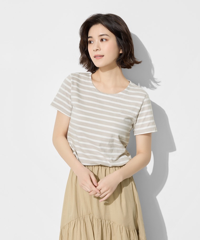竹節棉條紋短袖T恤-女