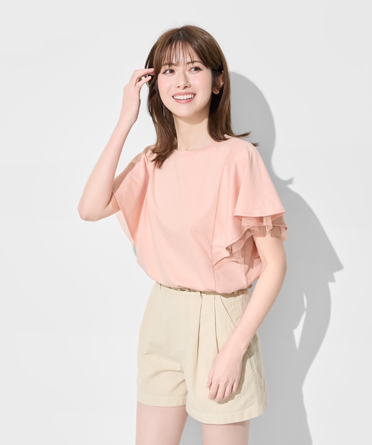 柔滑棉網紗荷葉袖上衣-女