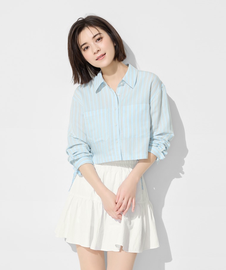 春夏女裝新品：女 · 輕柔條紋短版長袖襯衫,女 · Bra羅紋中短版背心,女 · 鬆緊腰頭蛋糕褲裙