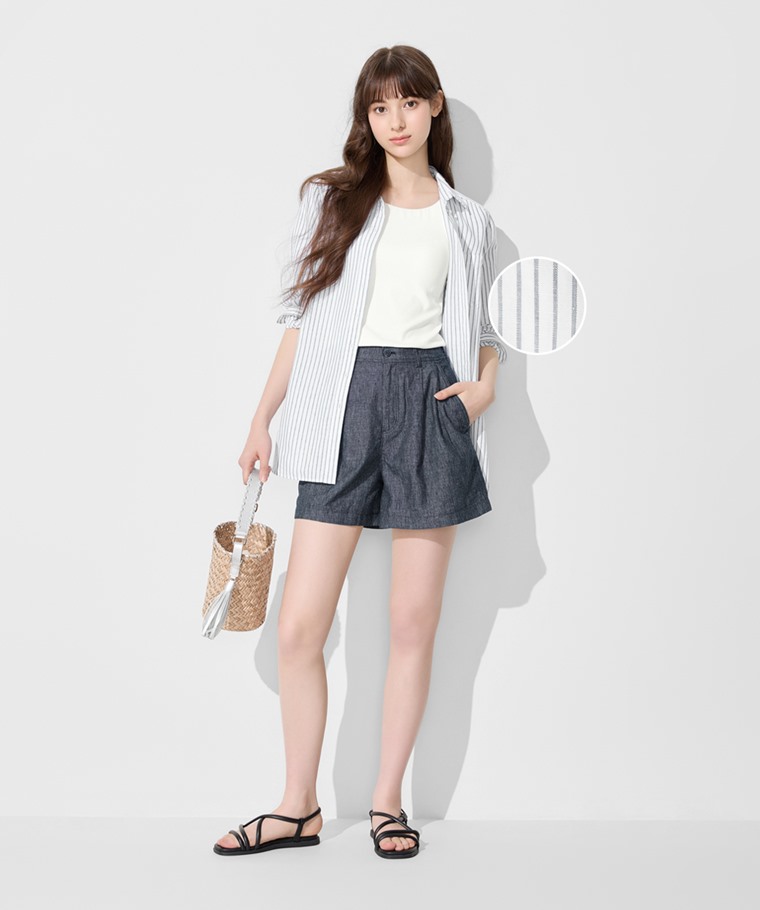 棉麻條紋長版襯衫-女