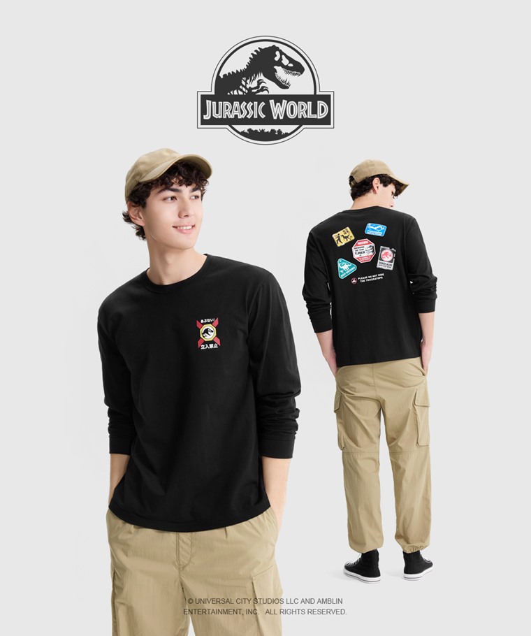 Jurassic World寬版長袖印花T恤-01-男