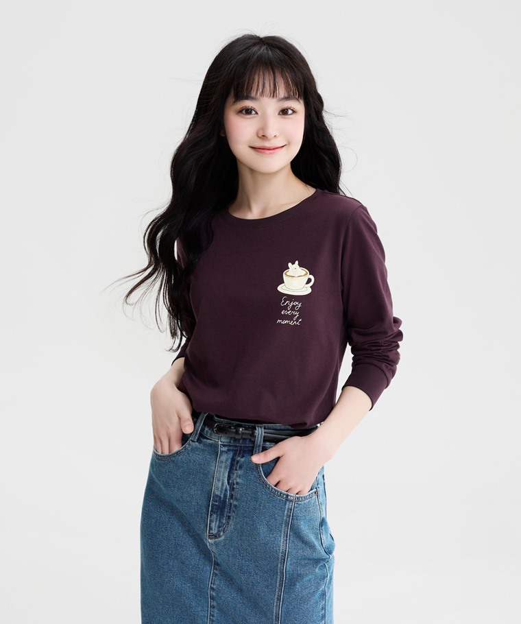 暖暖咖啡長袖印花T恤-女