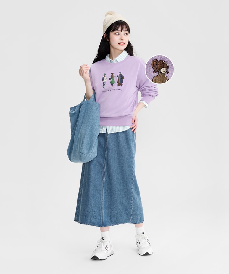 輕鬆步調刷毛電繡圓領衫-女