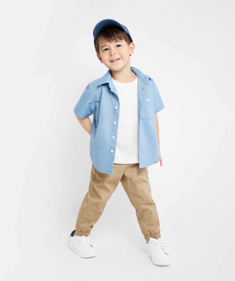 春夏童裝新品：童 · 棉質彈性束口褲,童 · 牛津短袖襯衫,童 · 純棉圓領T恤