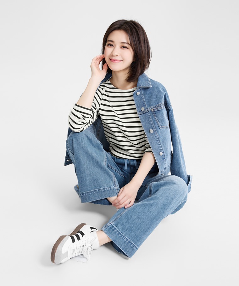 秋冬女裝新品：女 · 鬆緊直筒落地牛仔褲,女 · 純棉粗紡條紋船型領T恤