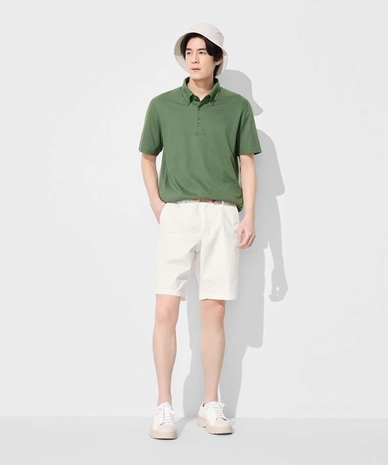 春夏男裝新品：男 · 涼感網眼鈕釦領polo衫,男 · 卡其短褲,編織皮帶