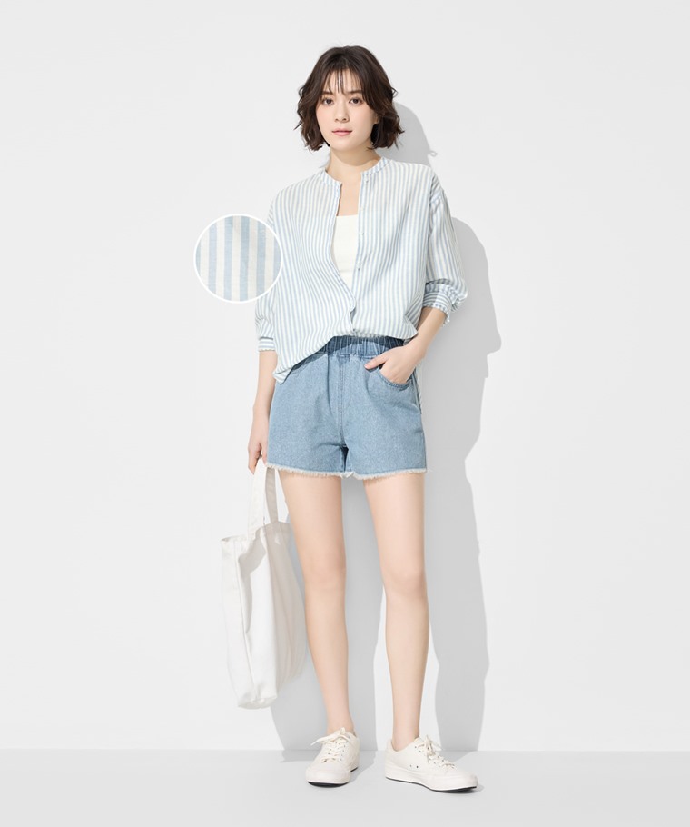 棉麻條紋七分袖襯衫-女