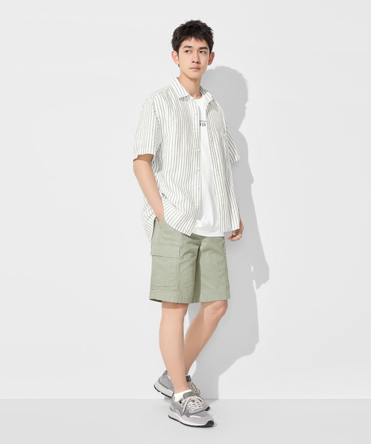 春夏男裝新品：男 · 棉麻寬版條紋短袖襯衫,男 · 文字厚版印花T恤-04,男 · 毛圈網眼踝襪,男 · 鬆緊工裝短褲