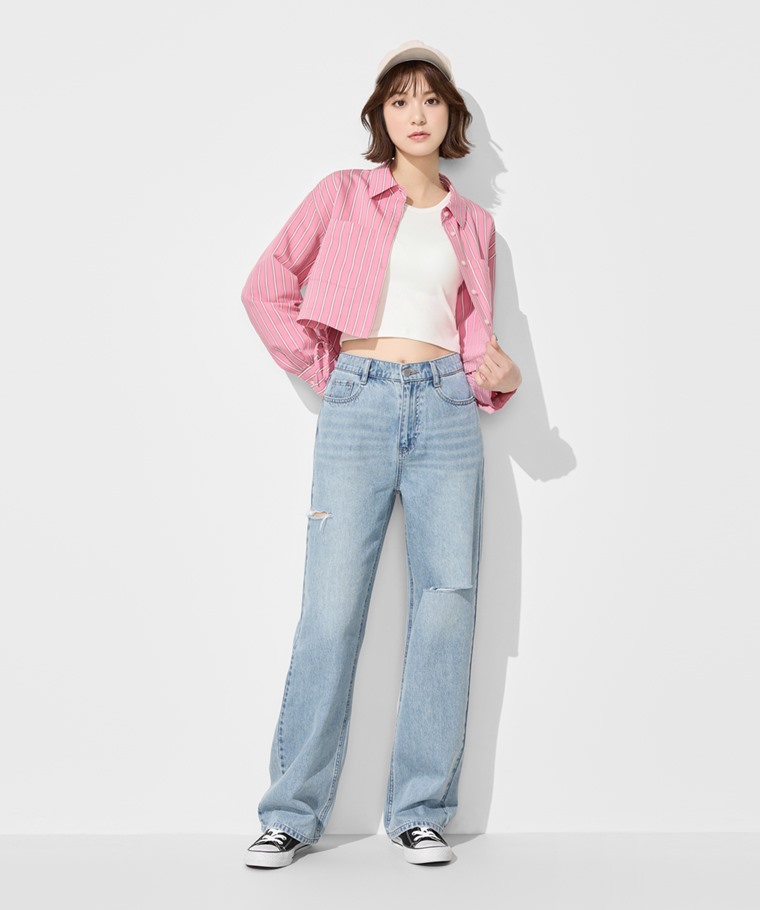 春夏女裝新品：女 · Bra削肩中短版背心,女 · 輕柔條紋短版長袖襯衫,女 · 輕量高腰刷破落地牛仔褲