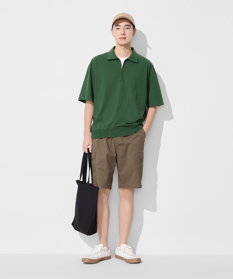 粗紡半開襟五分袖寬版上衣-男