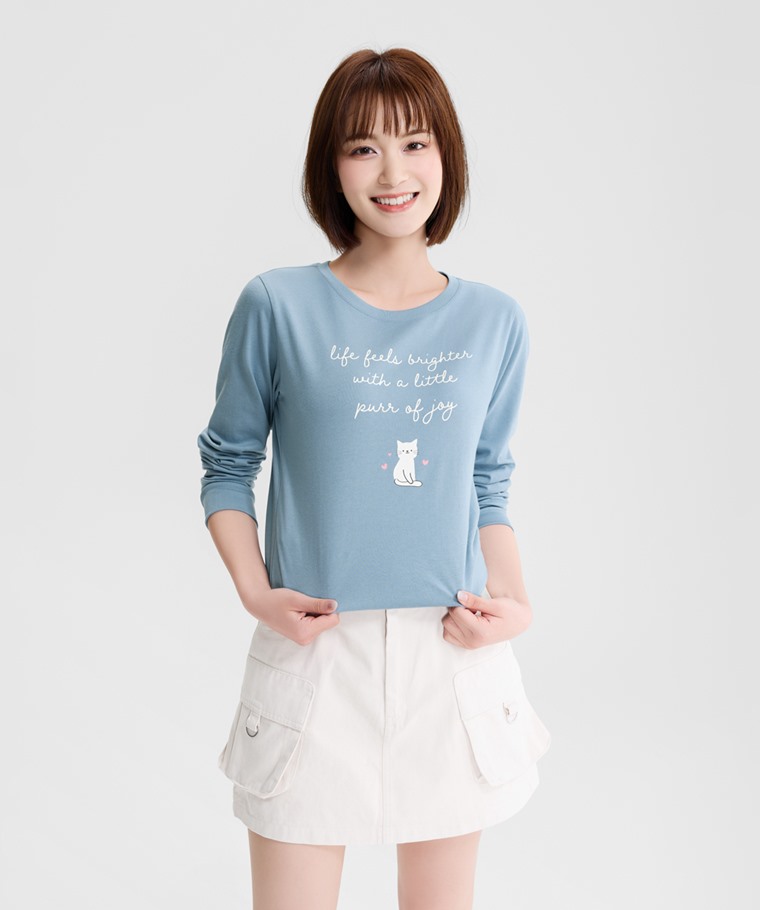 文字貓語長袖印花T恤-女