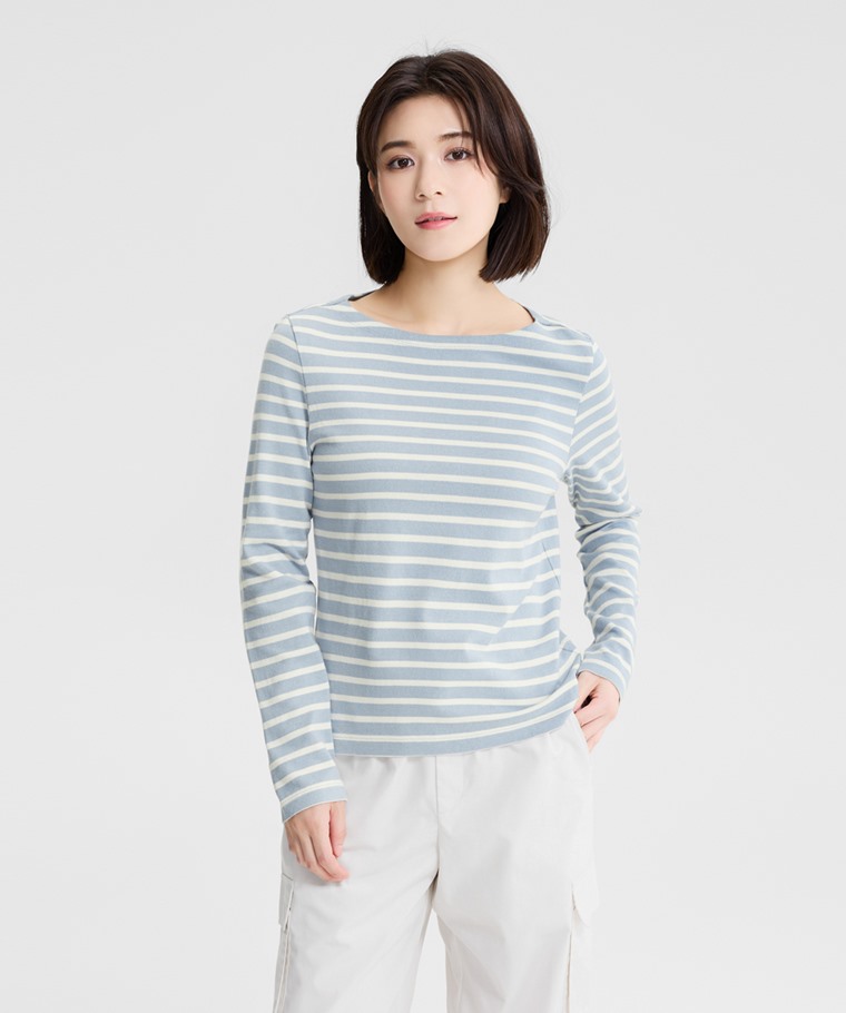 純棉粗紡條紋船型領T恤-女