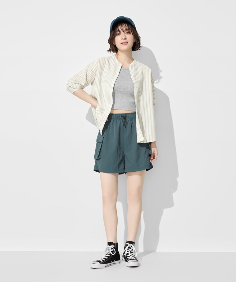 棉麻條紋七分袖襯衫-女