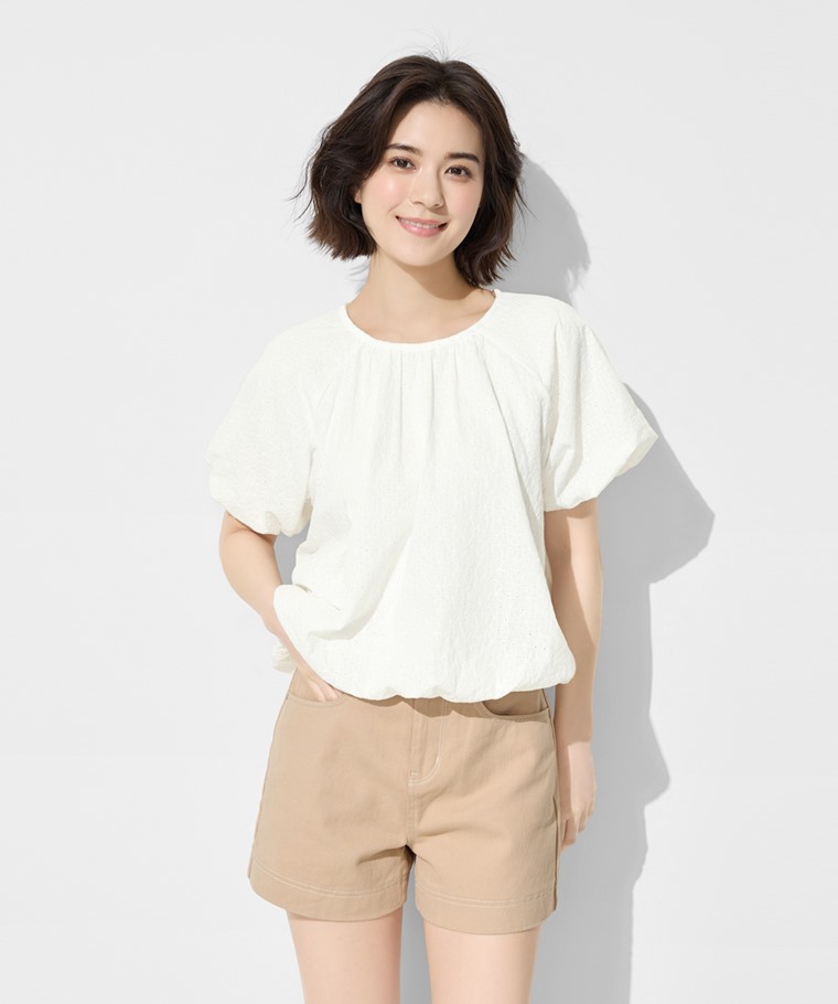 棉質花瓣蕾絲澎袖上衣-女