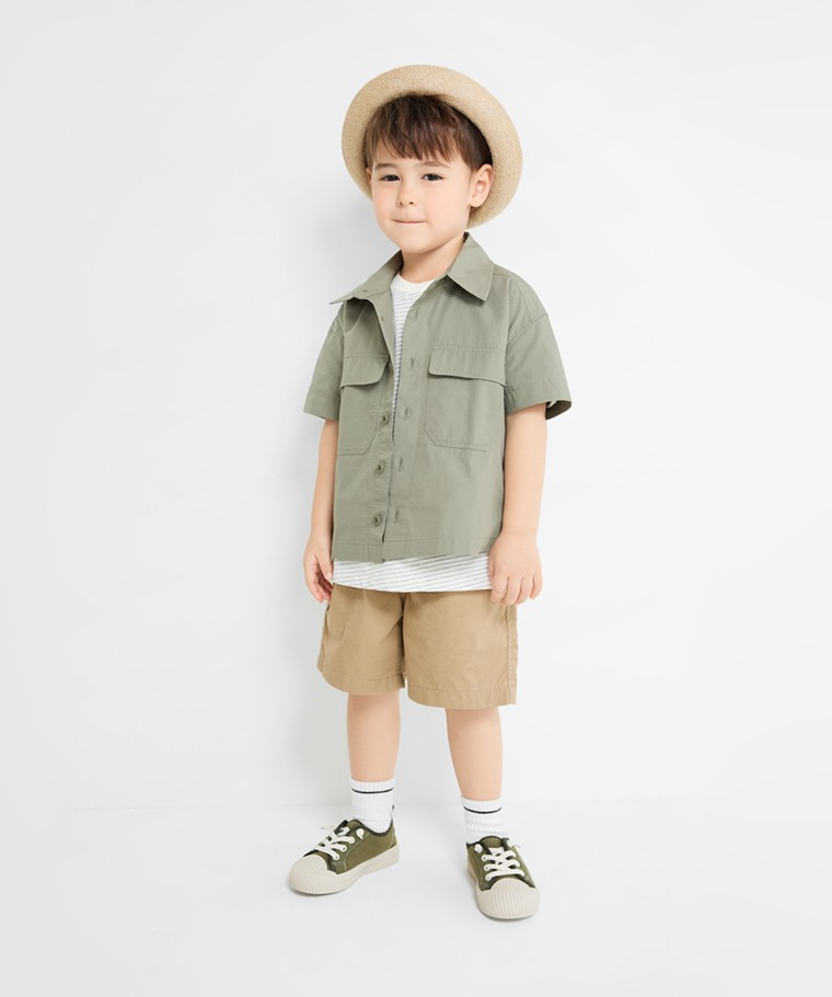 春夏童裝新品：童 · 工裝寬版短袖襯衫,童 · 純棉五分褲
