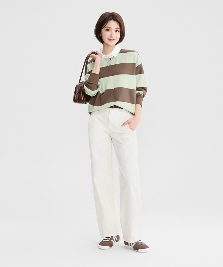 秋冬女裝新品：女 · 毛圈寬鬆短版條紋上衣,女 · 簡約皮帶