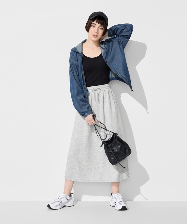 春季新品上市：女 · 輕型牛仔連帽外套,女 · Bra羅紋中短版背心,女 · 輕柔彈性長裙