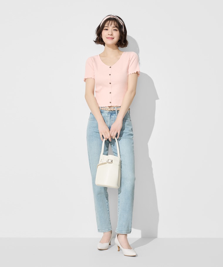 羅紋V領鈕釦T恤-女