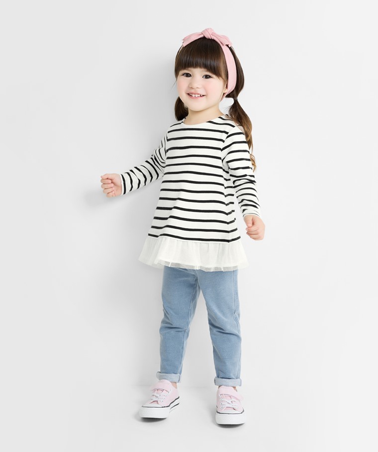 棉質羅紋條紋拼接上衣-童