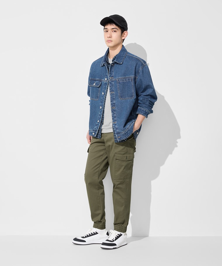 春夏男裝新品：男 · 棉質工裝束口褲,男 · 格紋長袖襯衫,男 · 毛圈網眼踝襪,男 · 牛仔寬版外套,男 · 粗紡圓領T恤