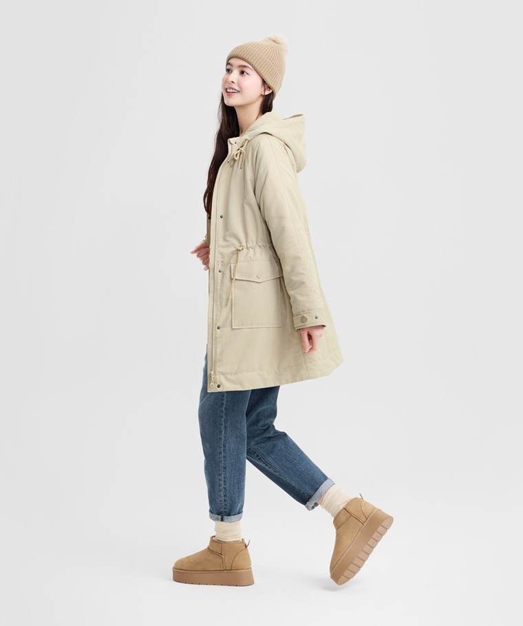 鋪棉連帽長版外套-女