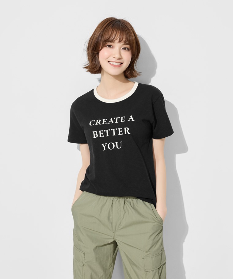 竹節棉配色文字T恤-女