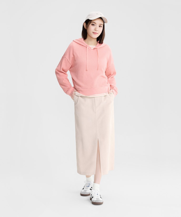 華夫格寬短版連帽上衣-女