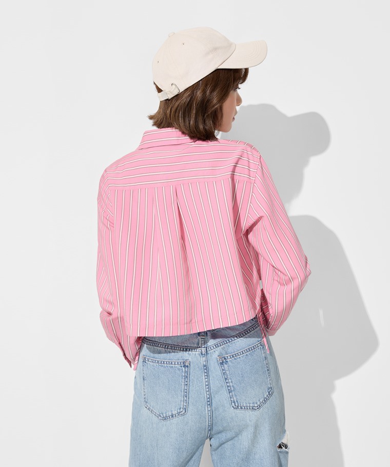 輕柔條紋短版長袖襯衫-女