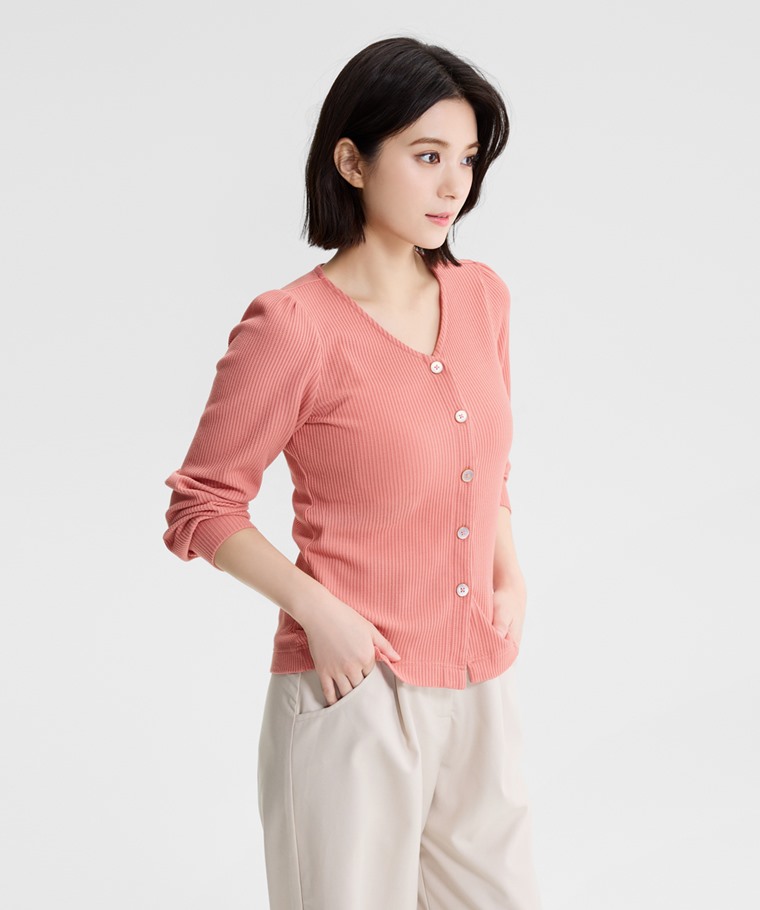 華夫格V領排釦長袖上衣-女
