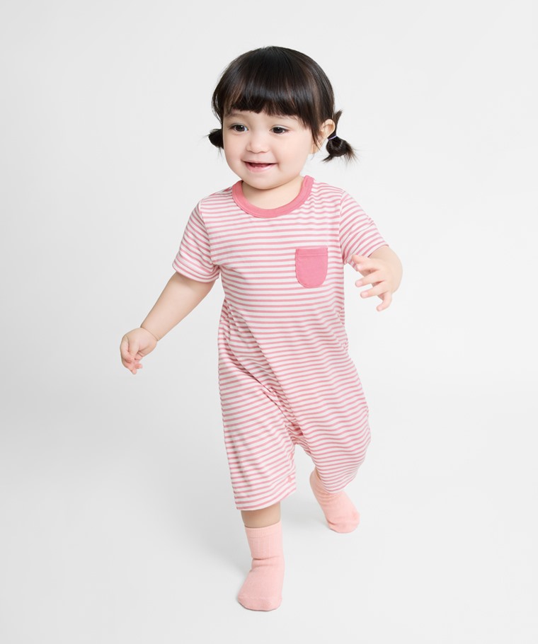 春夏嬰幼兒新品：Baby · 純棉口袋條紋連身衣,Baby · 寬羅紋中筒襪(3入)