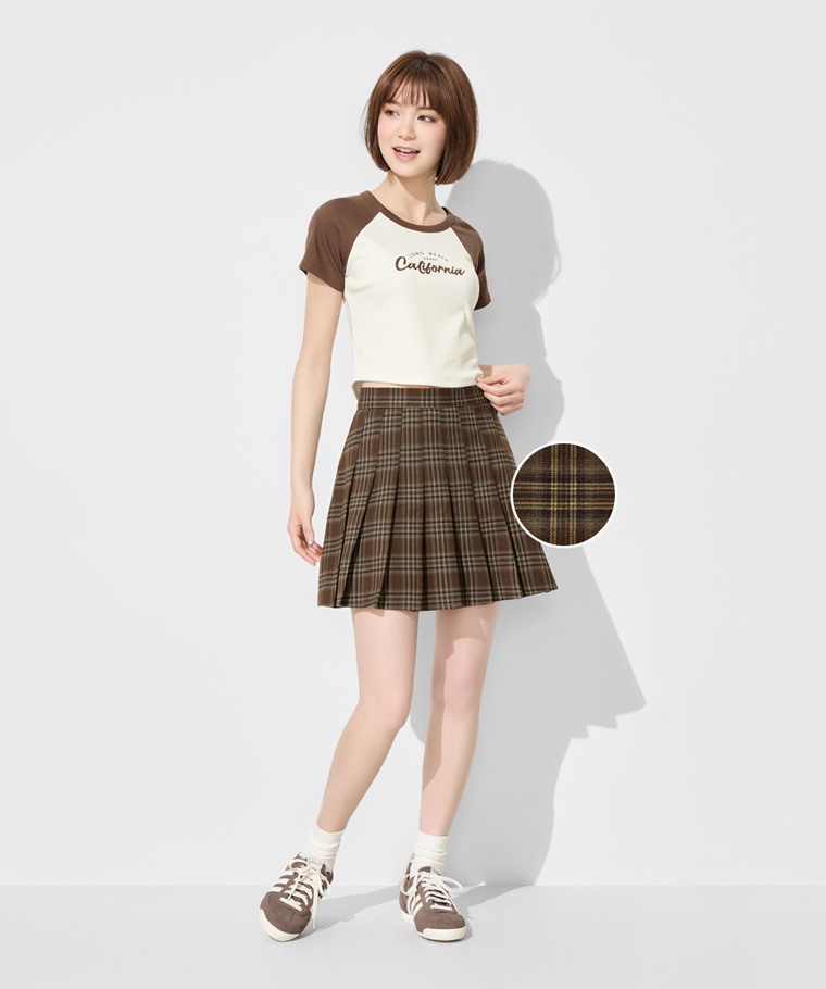 格紋百褶連褲短裙-女
