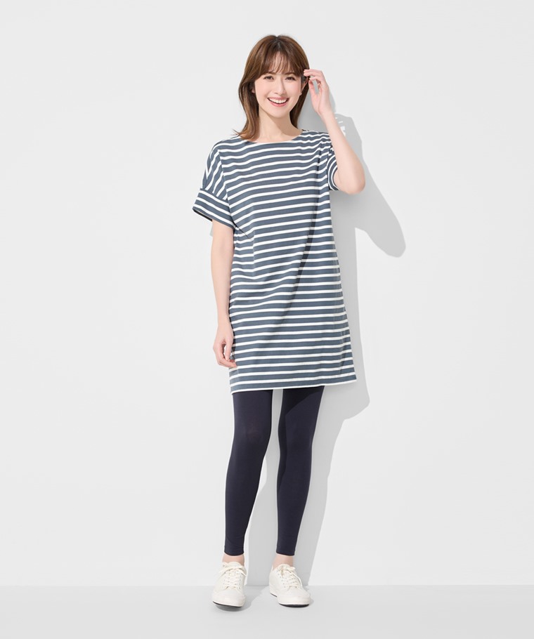 柔滑棉條紋寬鬆洋裝-女