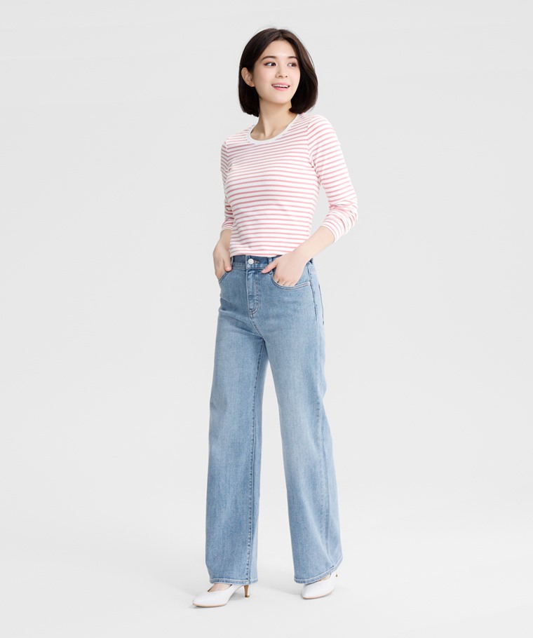 棉質羅紋條紋長袖T恤-女