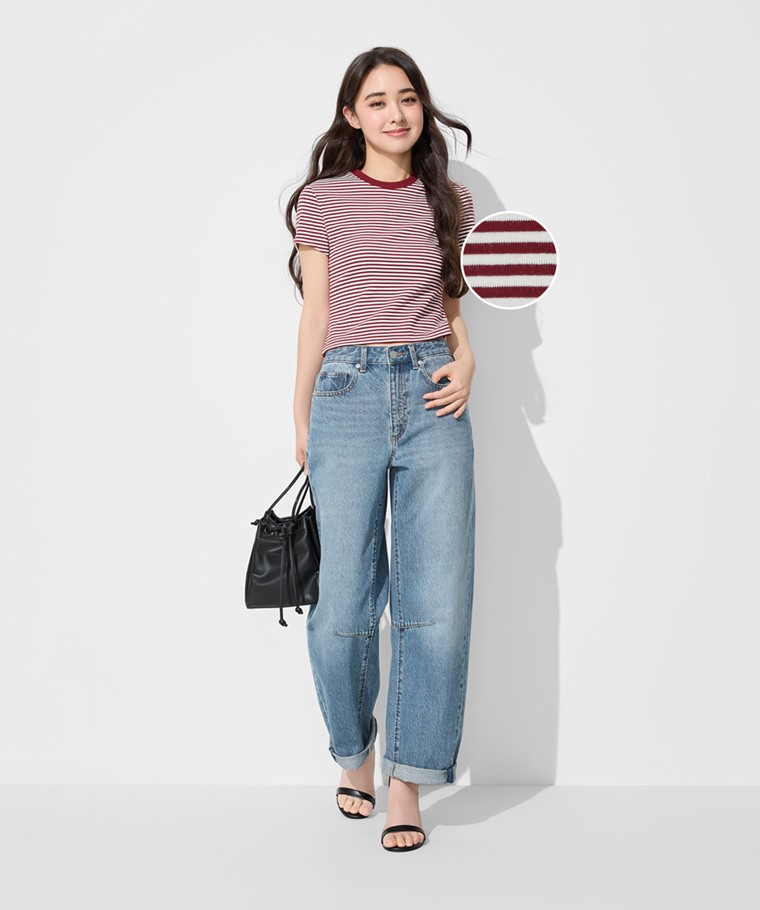 棉質羅紋條紋短版T恤-女