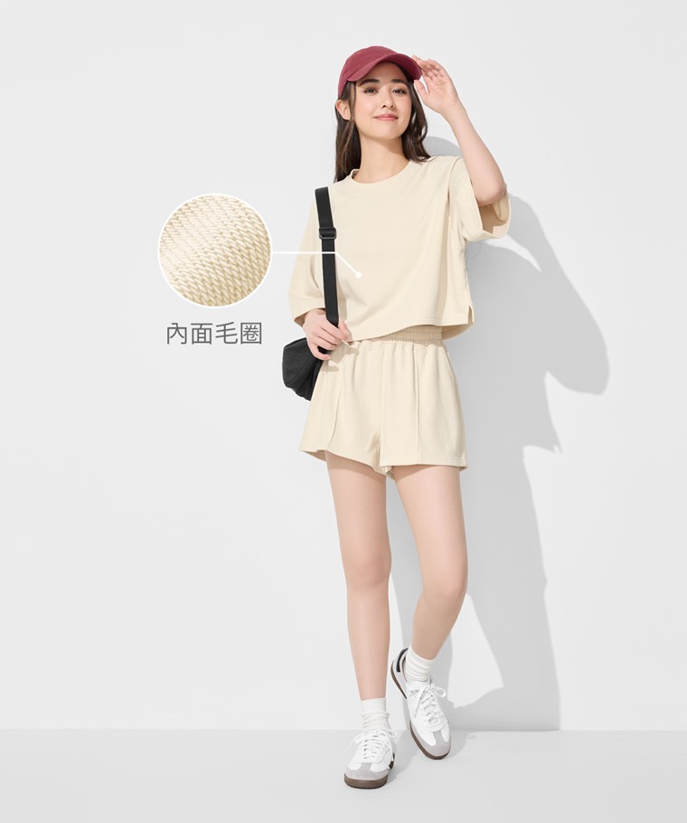 毛圈寬鬆短版五分袖T恤-女