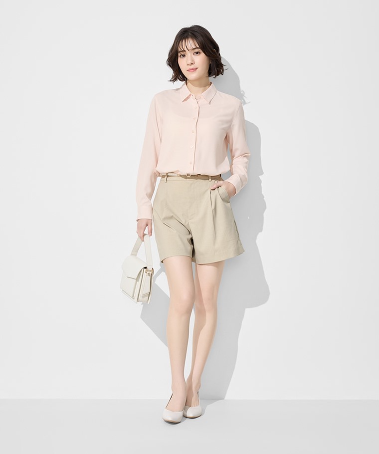 職場穿搭推薦：女 · 嫘縈長袖襯衫,女 · Bra細肩帶背心,女 · 休閒打褶短褲