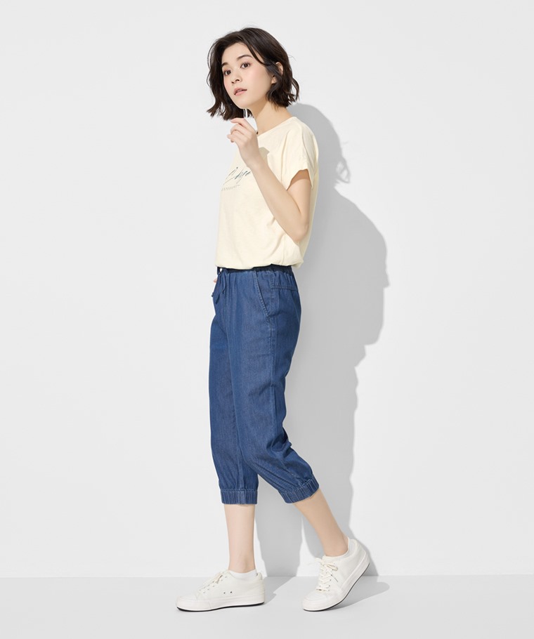 軟牛仔七分束口褲-女