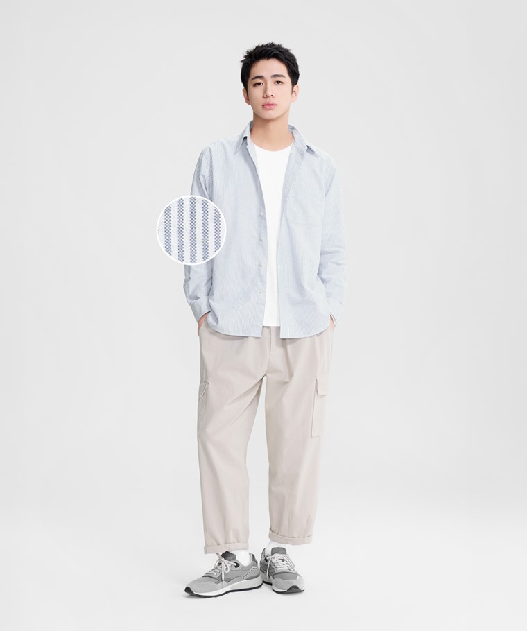 牛津條紋長袖襯衫-男