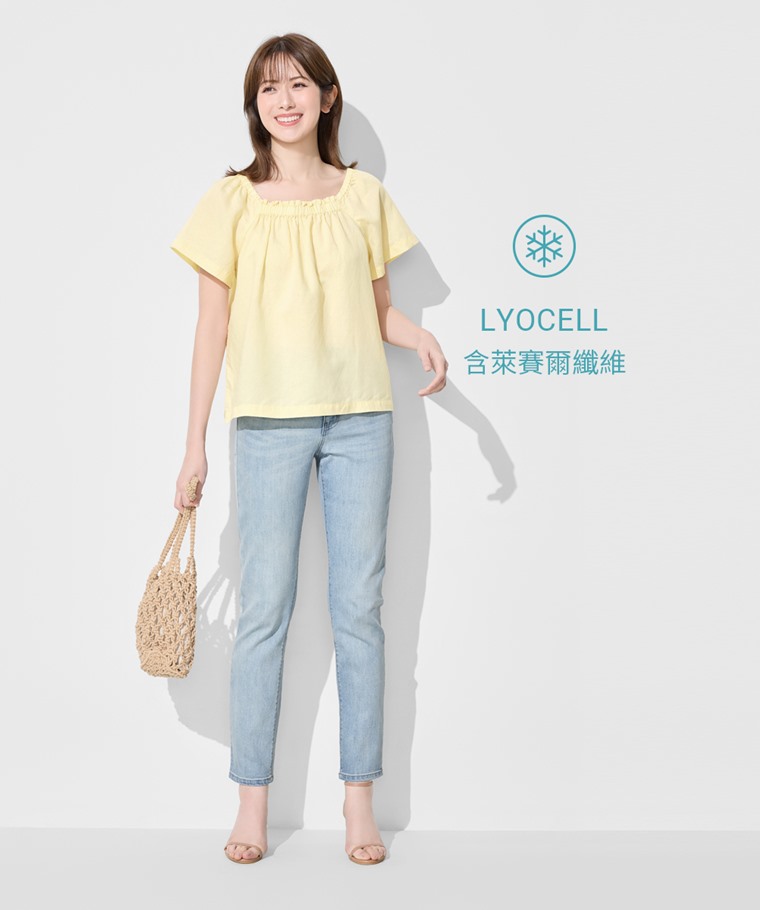 亞麻混紡方領寬版上衣-女