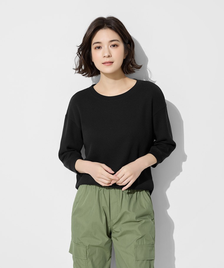 華夫格寬鬆七分袖T恤-女