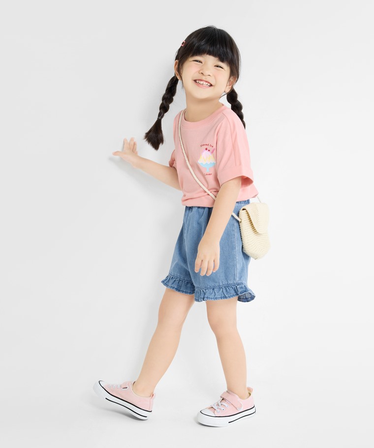 春夏童裝新品：童 · 竹節棉美食印花T恤,童 · 軟牛仔荷葉邊短褲