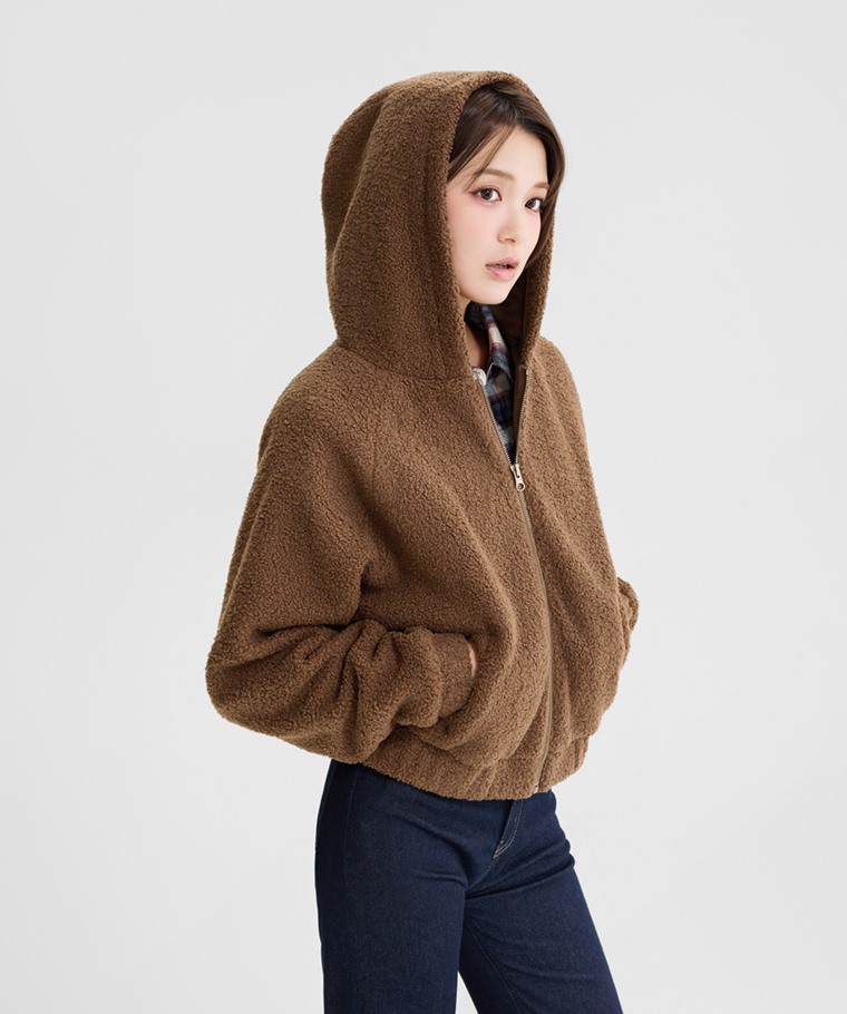 仿羊羔絨連帽外套-女 - 採用高品質 YKK 拉鍊，滑順好拉不卡頓。